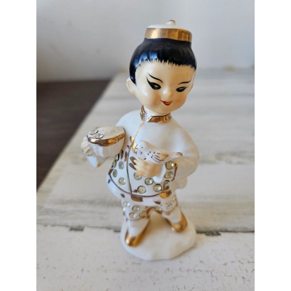 Vintage norcrest geisha boy bird bowl‎ rhinestone statue figurine